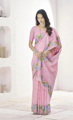 Pink Floral Print Linen Silk Saree Kalyanja Fashion