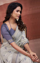 blue gray zari weaving cotton saree