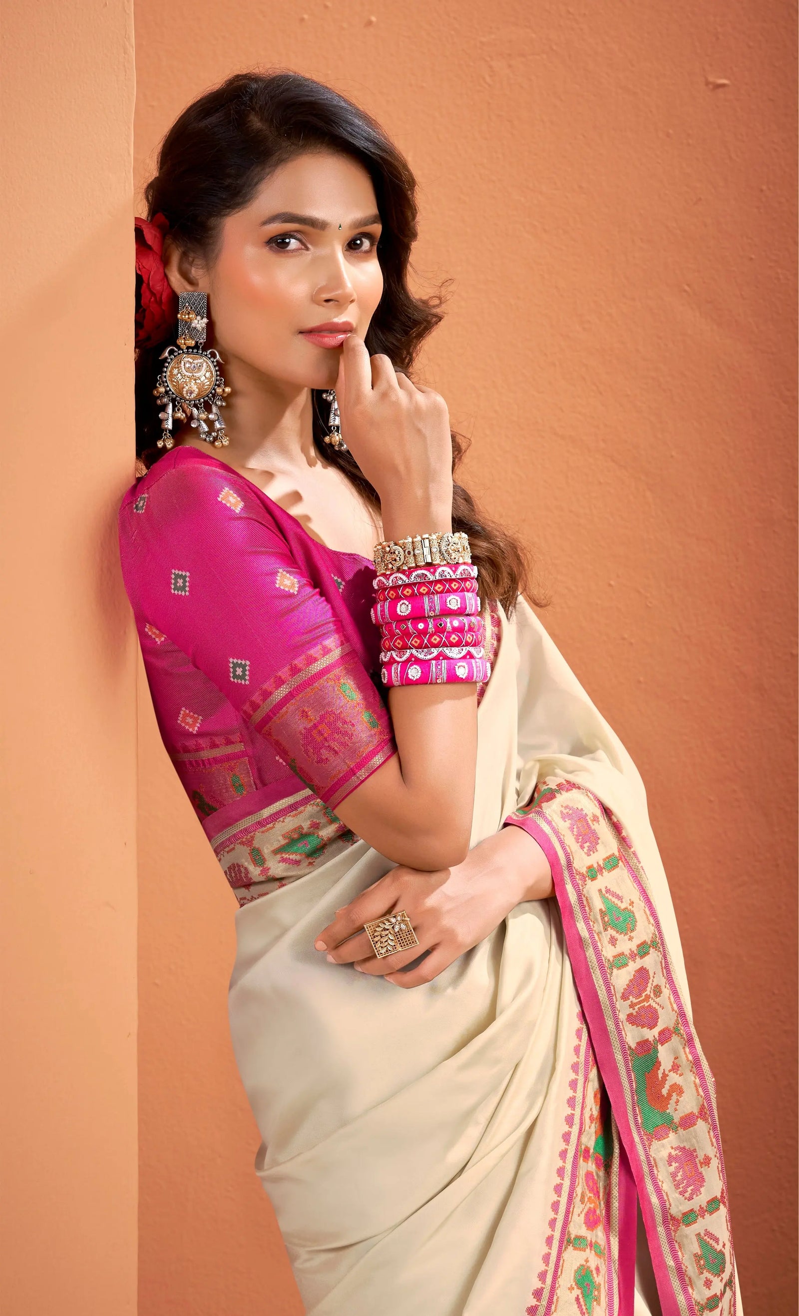 Beige Patola Style Motifs Patola Silk Saree Kalyanja Fashion
