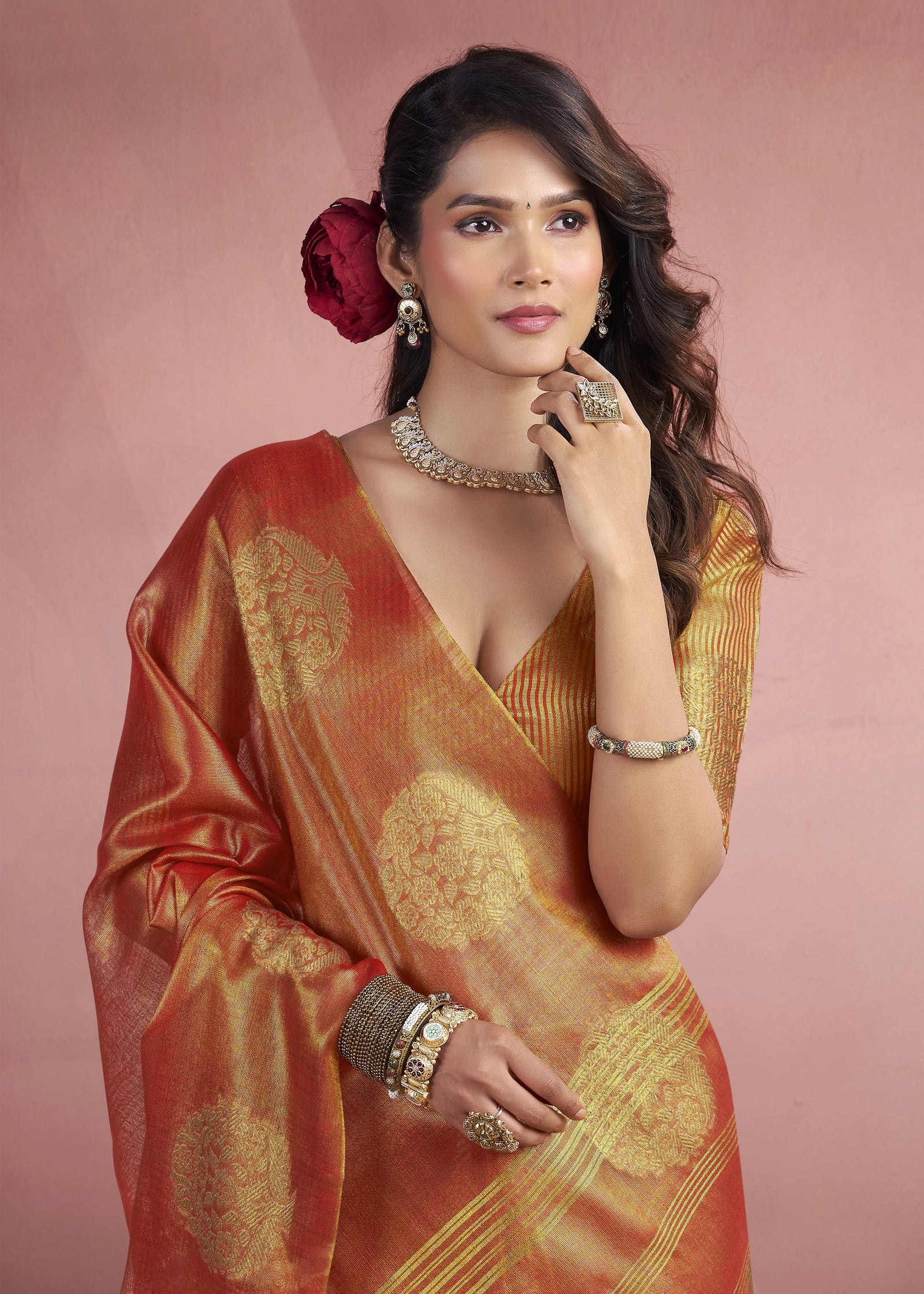 Orange Tissue Fancy Weaving Silk Saree Kalyanja Fashion