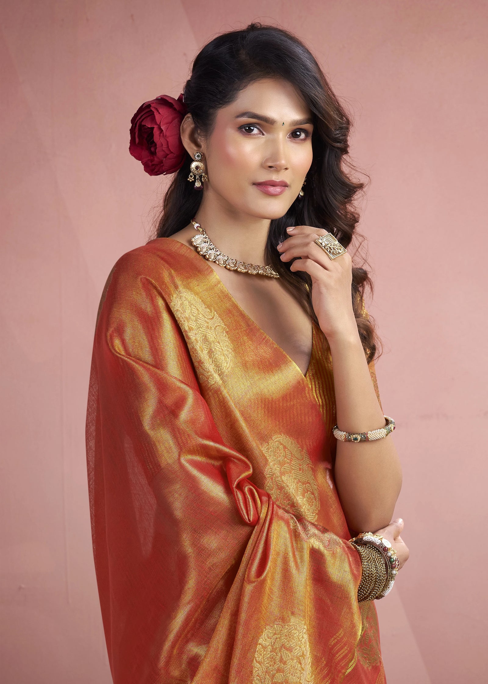 orange tissue fancy weaving silk saree - kalyanja