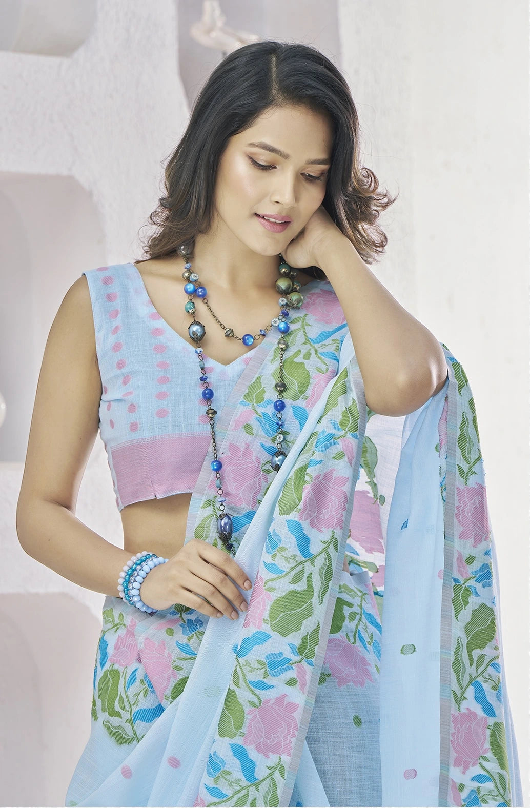 Blue Floral Print Linen Silk Saree Kalyanja Fashion