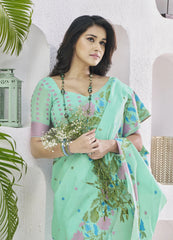 Green Floral Print Linen Silk Saree Kalyanja Fashion