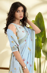 blue handloom style weaving linen silk saree - kalyanja