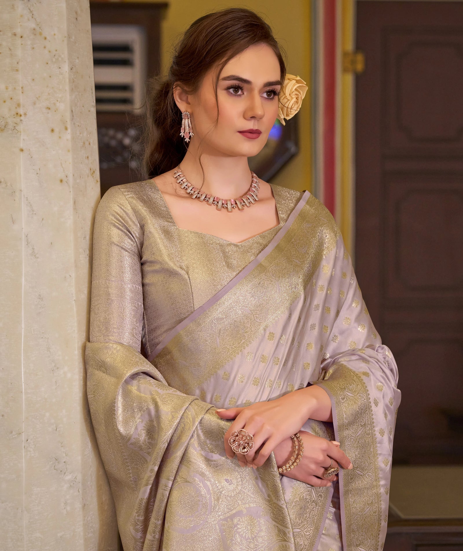 Lavender Embroidery Work Satin Banarasi Silk Saree