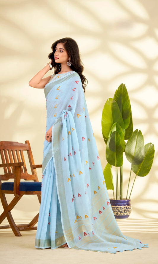 Blue Handloom-Style Weaving Linen Silk Saree