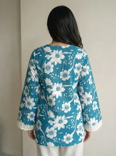 Teal floral bell sleeve kurti – Kalyanja.