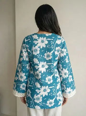 Teal floral bell sleeve kurti – Kalyanja.
