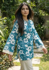 Teal floral bell sleeve kurti – Kalyanja.