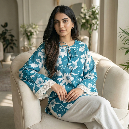 Teal floral bell sleeve kurti – Kalyanja.