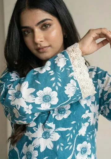 Teal floral bell sleeve kurti – Kalyanja.