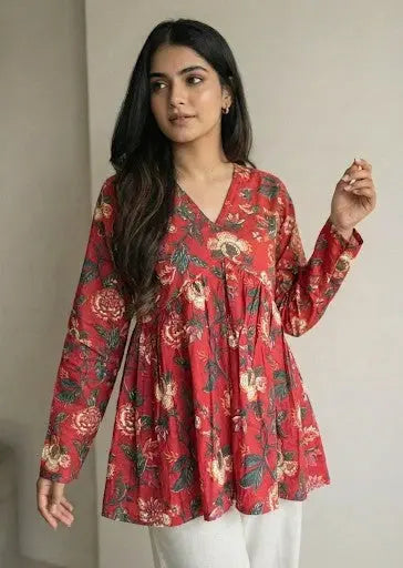 Red floral peplum short kurti – Kalyanja.