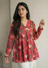Red floral peplum short kurti – Kalyanja.