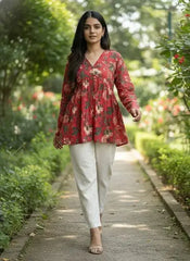 Red floral peplum short kurti – Kalyanja.