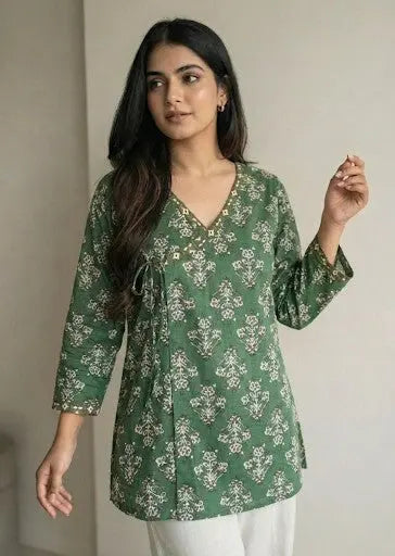 Green floral wrap tie short kurti – Kalyanja.