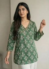 Green floral wrap tie short kurti – Kalyanja.
