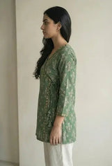 Green floral wrap tie short kurti – Kalyanja.