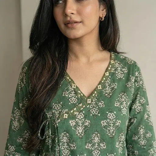 Green floral wrap tie short kurti – Kalyanja.