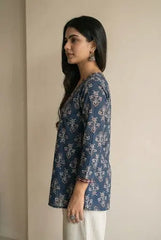Neelam short kurti in a rich teal floral print with an adjustable wrap-around silhouette – Kalyanja.