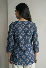 Neelam short kurti in a rich teal floral print with an adjustable wrap-around silhouette – Kalyanja.