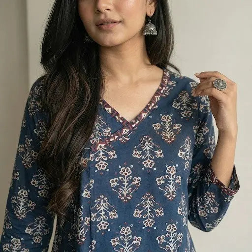 Neelam short kurti in a rich teal floral print with an adjustable wrap-around silhouette – Kalyanja.