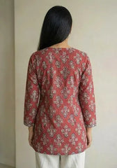 Ruhi short kurti with a traditional rust-red floral print and an adjustable wrap-around silhouette – Kalyanja.