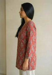 Ruhi short kurti with a traditional rust-red floral print and an adjustable wrap-around silhouette – Kalyanja.