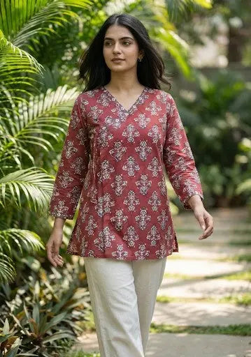 Ruhi short kurti with a traditional rust-red floral print and an adjustable wrap-around silhouette – Kalyanja.