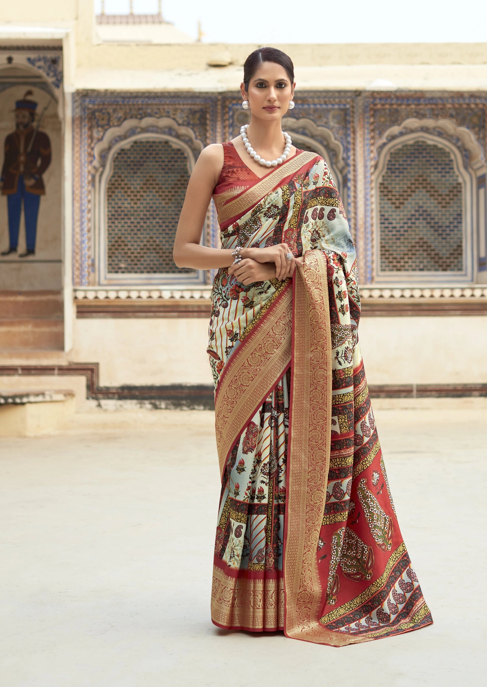 White Ajrakh-Inspired Digital Print Dola Handloom Silk Saree Kalyanja Fashion