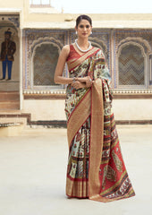 White Ajrakh-Inspired Digital Print Dola Handloom Silk Saree Kalyanja Fashion