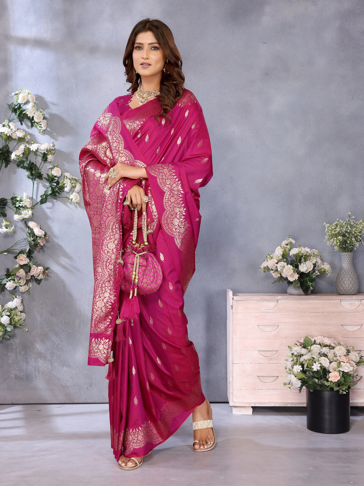Dark pink Banarasi Silk Saree