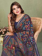 Navy Blue Kalamkari Print Mul Cotton Saree - kalyanja