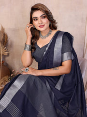 Navy blue silver zari border linen cotton saree – Kalyanja.