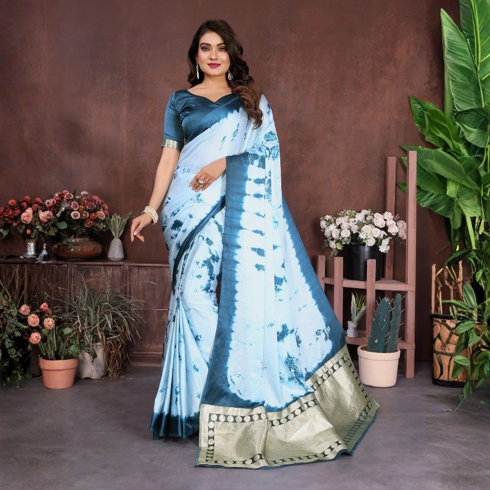 Blue Sibori Work Soft Satin Silk Saree
