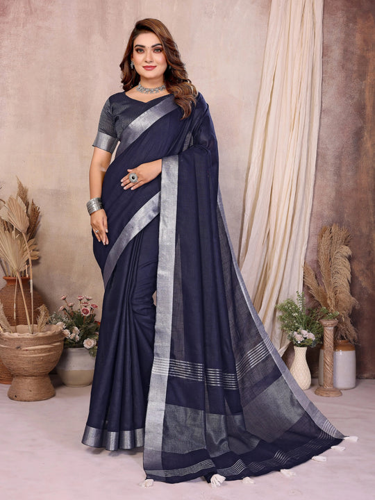 Navy blue silver zari border linen cotton saree – Kalyanja.