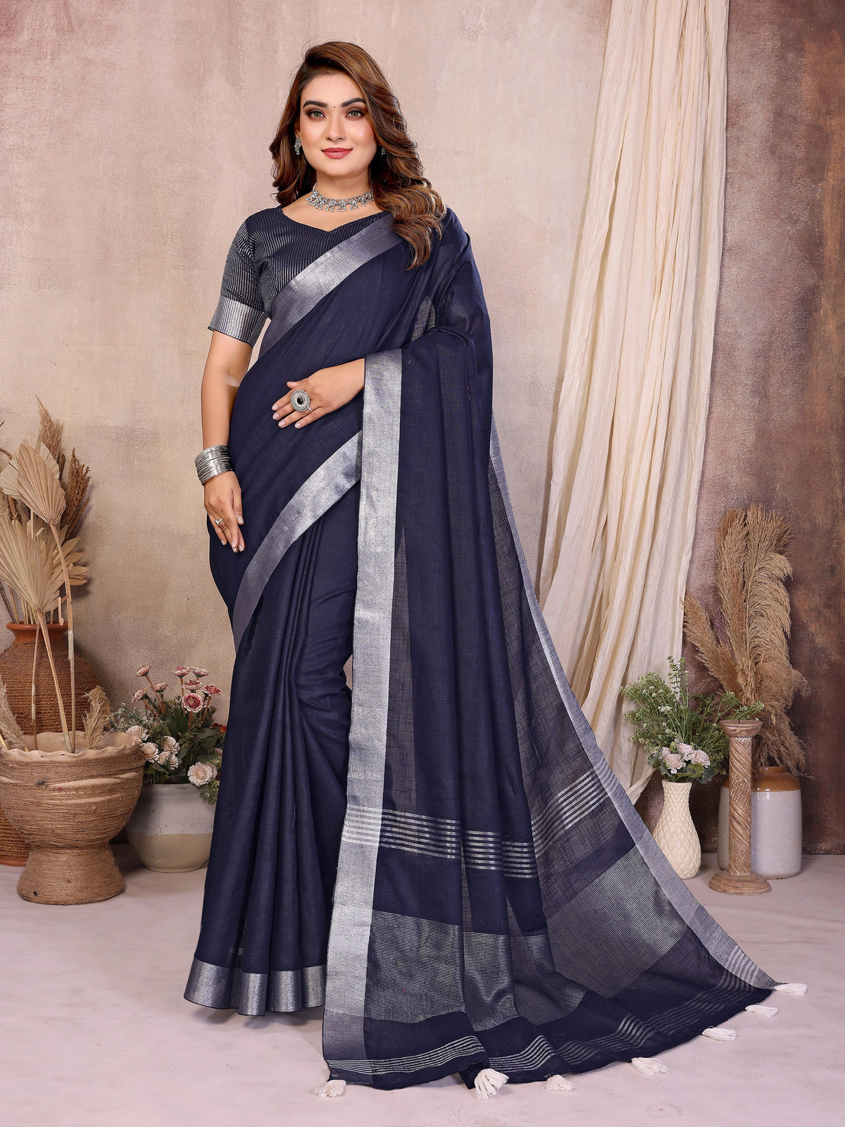 Navy Blue Zari Border Soft Linen Cotton Saree