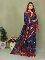 Navy Blue Mul Cotton Kalamkari Print Saree – Kalyanja