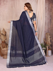 Navy blue silver zari border linen cotton saree – Kalyanja.