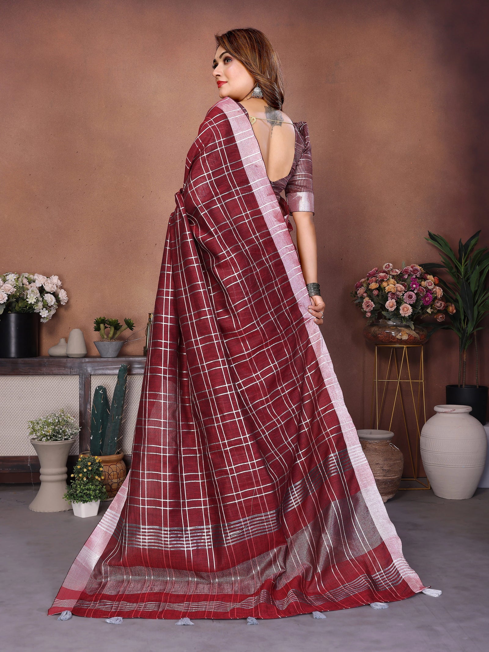 Maroon Ached Weaving Soft Linen Saree – Kalyanja