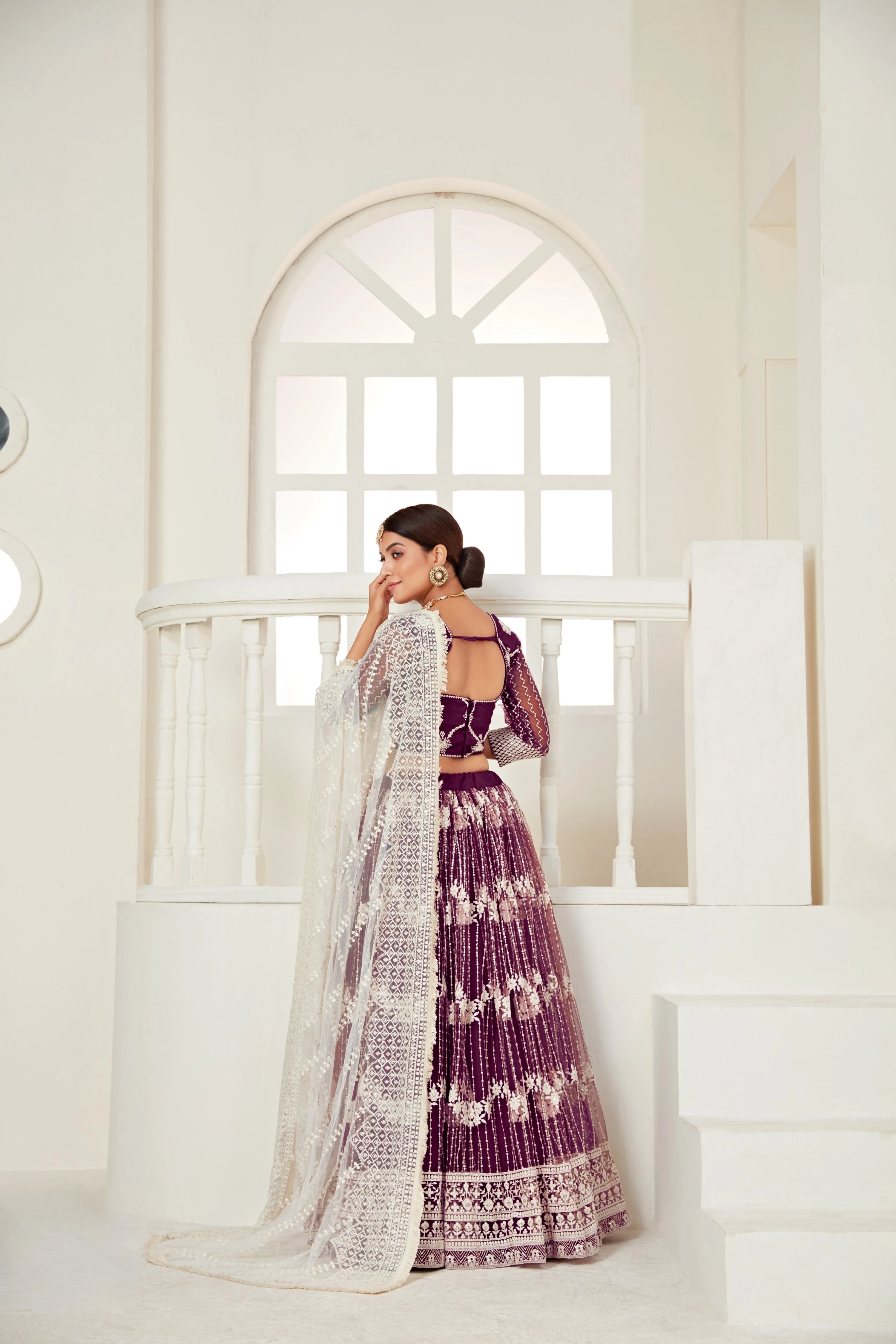 wine sequins butterfly net lehenga