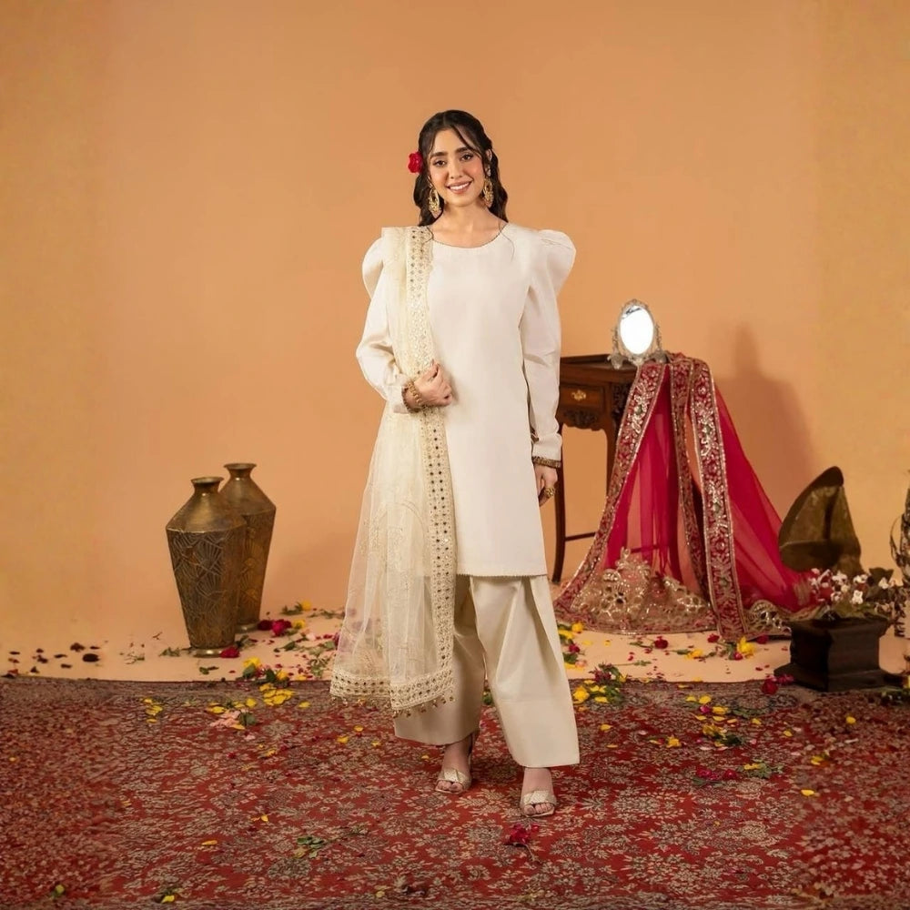 White Fancy Lace Border Natural Crepe Silk Suit - kalyanja