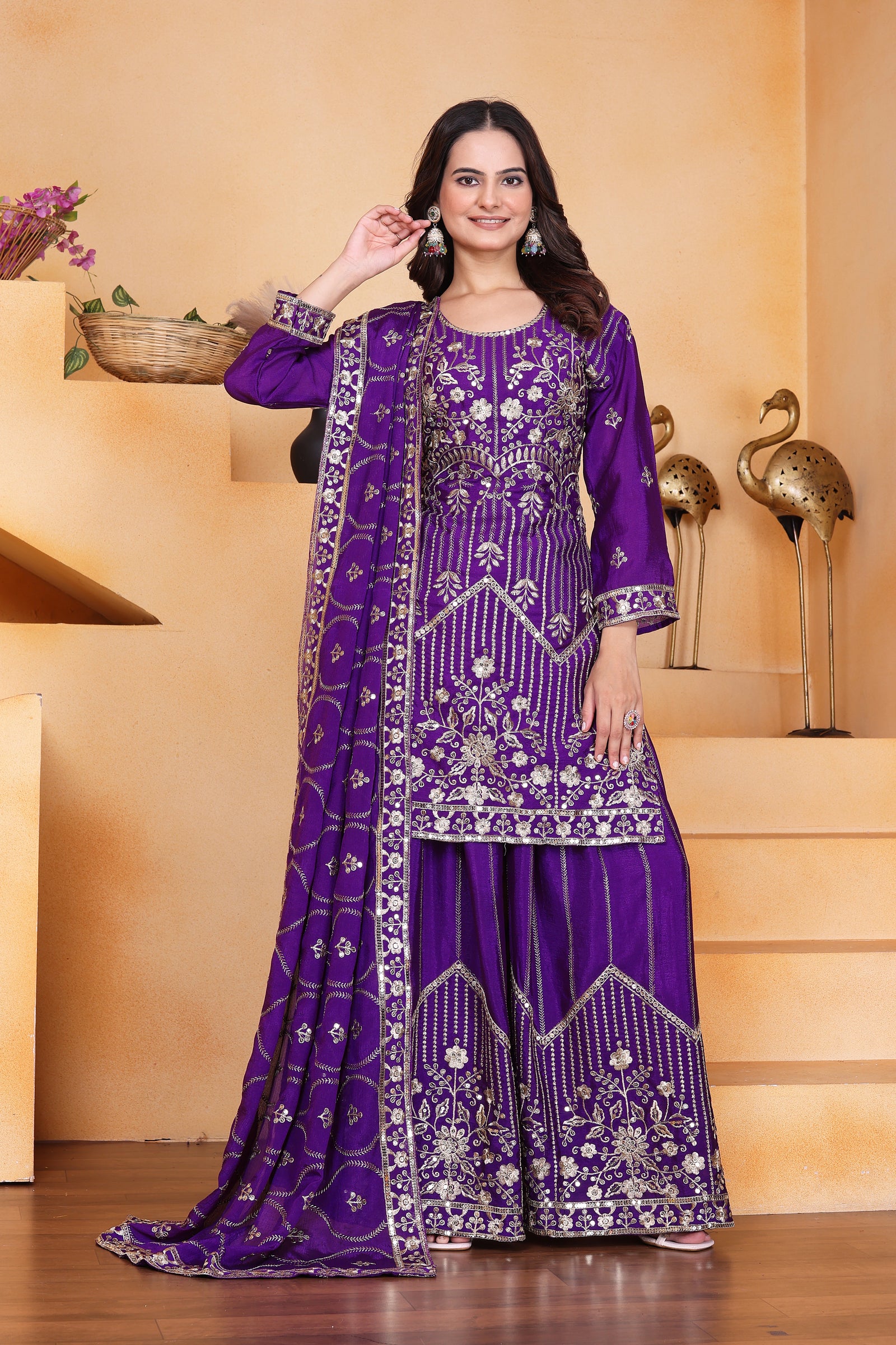 Purple Sequins Embroidery Work Chinon Silk Suit - kalyanja