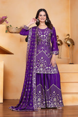 Purple Sequins Embroidery Work Chinon Silk Suit - kalyanja