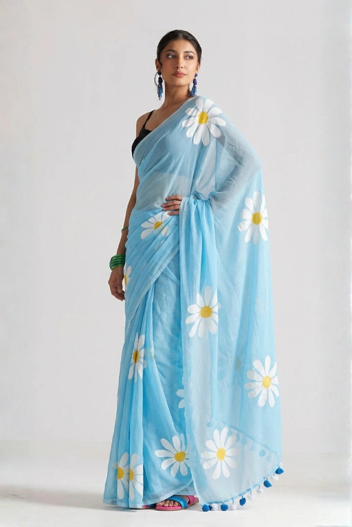 Sky Blue Chinon Saree