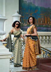 light orange ajrakh woven tissue linen saree - kalyanja