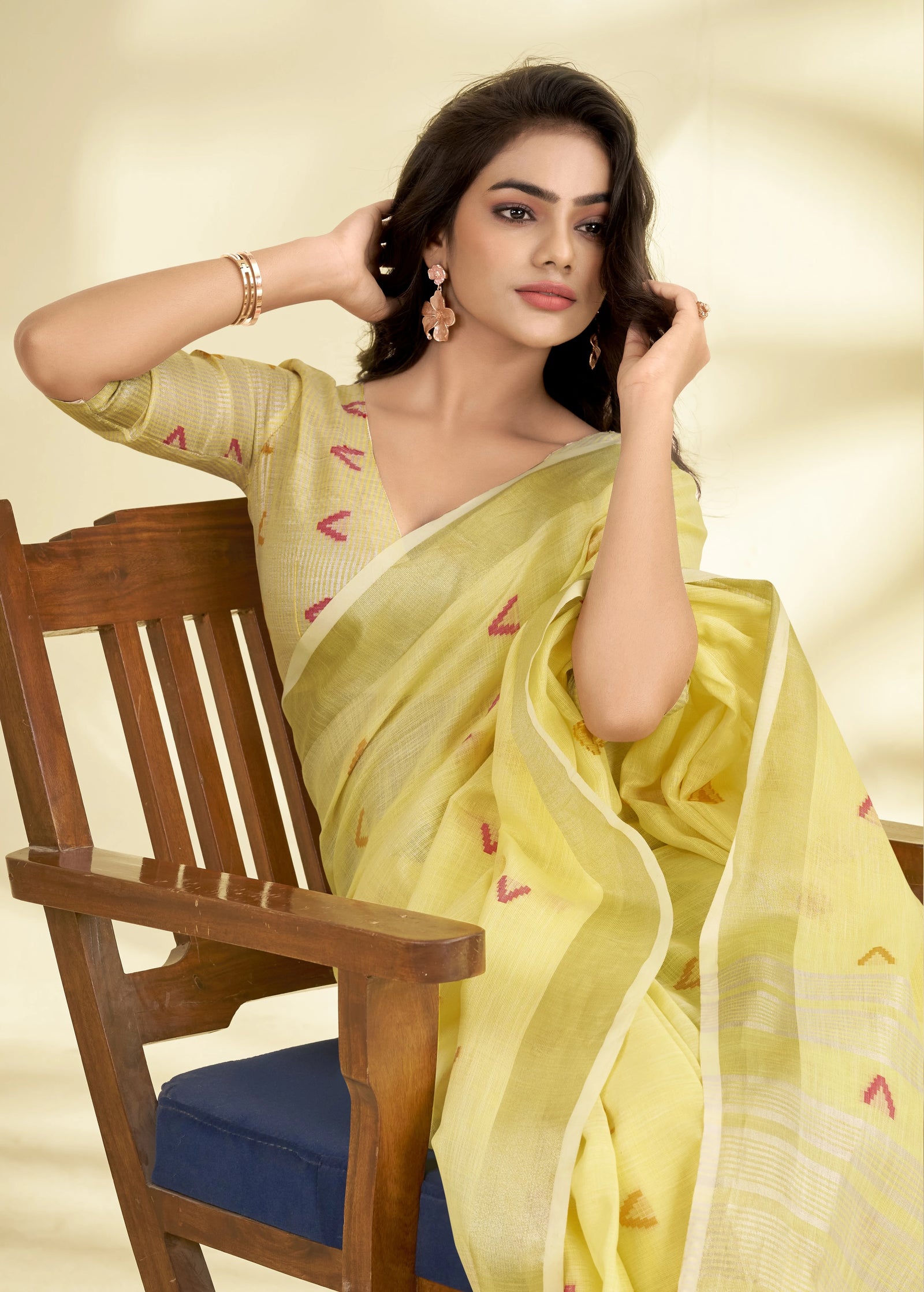 yellow handloom style weaving linen silk saree - kalyanja