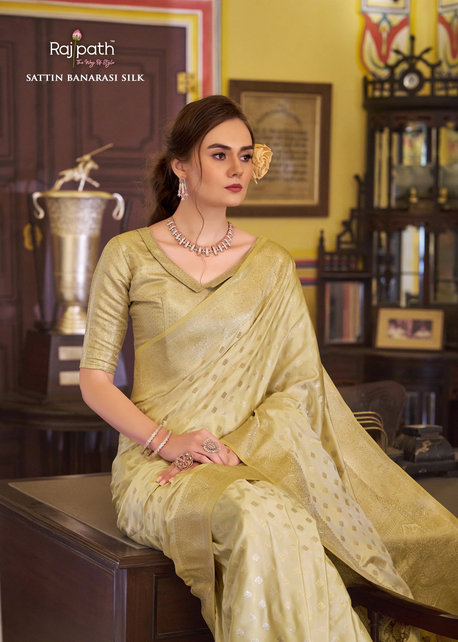 Yellow Embroidery Work Satin Banarasi Silk Saree Agarwal Saree