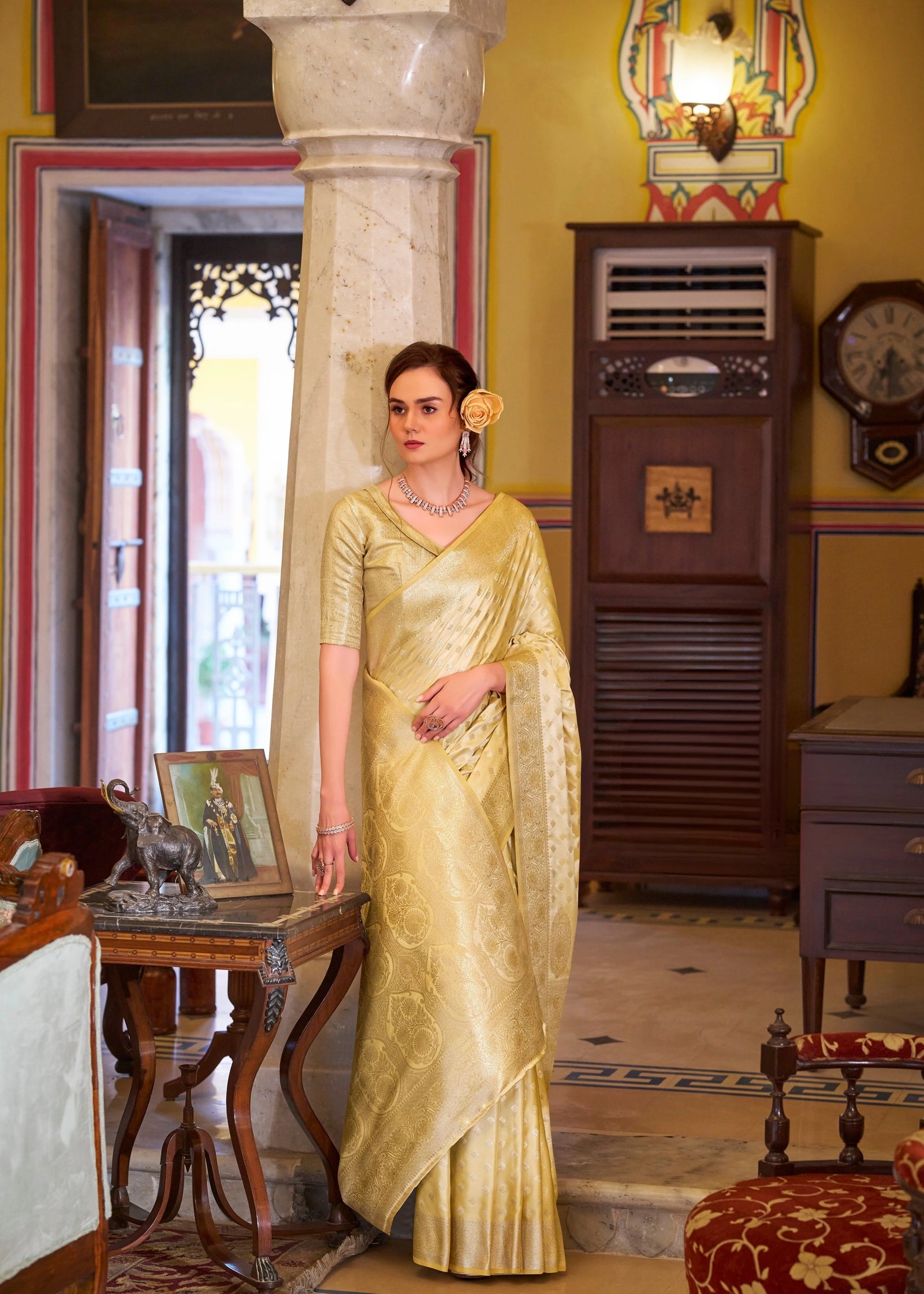Yellow Embroidery Work Satin Banarasi Silk Saree