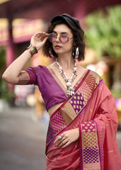 soft peach banarasi silk zari weaving saree