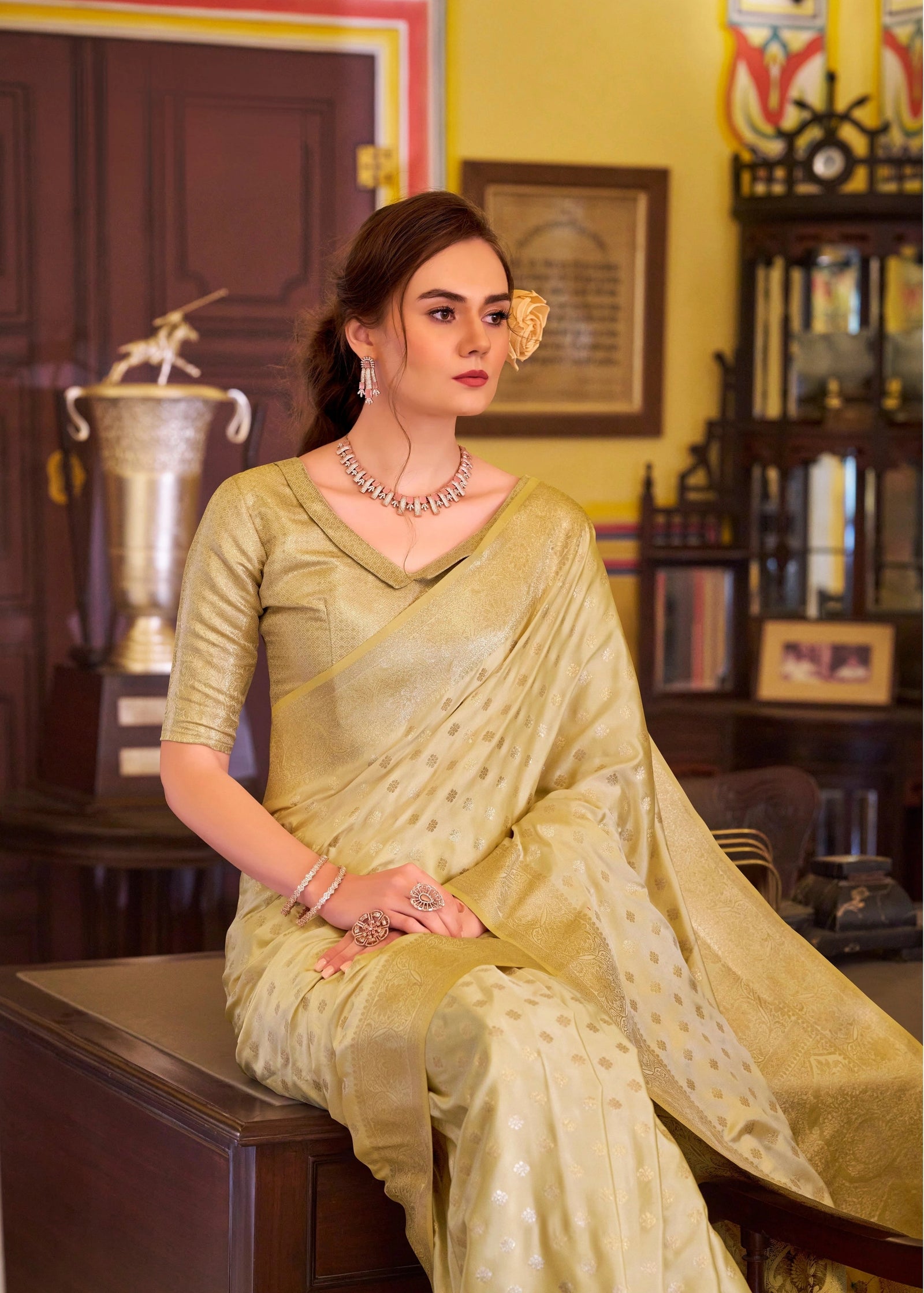 Yellow Embroidery Work Satin Banarasi Silk Saree Agarwal Saree